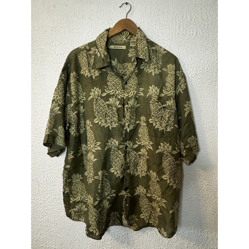 Vintage Summa 70% Silk Shirt Mens L Green  Hawaiian Print Button Up Short Sleeve